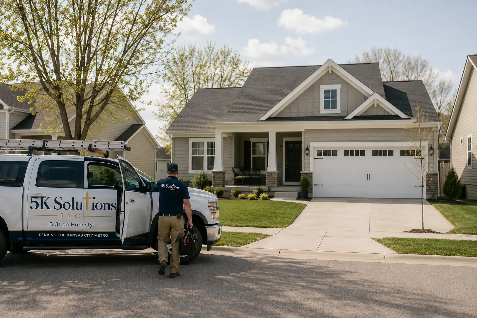 5K Solutions LLC service truck parked in front of a home in the Kansas City metro